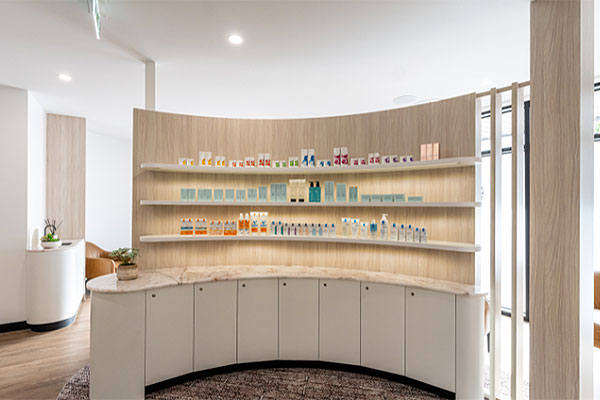 Shelving with a range of skin care products